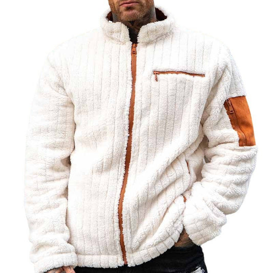 Men's Color Collision Design Plush Jacket – Trendy Winter Cotton Blend