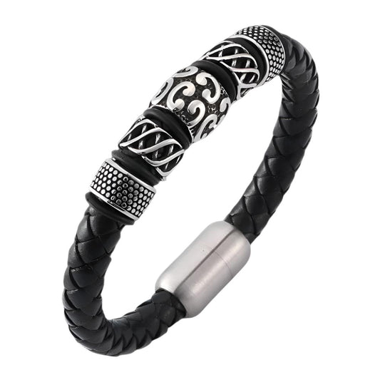 Genuine Leather Woven Stainless Steel Bracelet with Electroplated Finish | Customizable Sizes | Fashionable & Durable