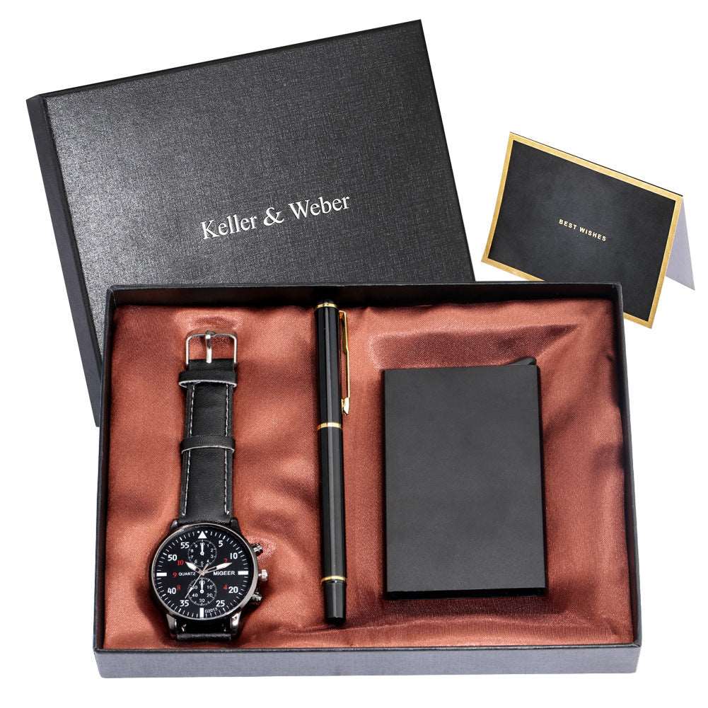 Men's Quartz Watch Credit Card Case Gel Pen Set Fashion Gift Set Box - Mensclub.co.uk