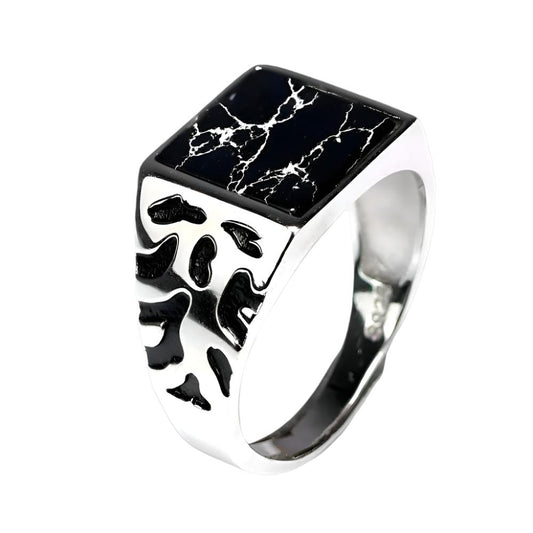 Vintage Men's 925 Sterling Silver Ring – Adjustable Square Black Stone with Flower Pattern Design