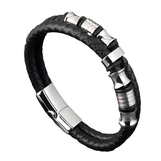 Men's Leather Braided Bracelet with Titanium Steel Geometric Design | Durable & Stylish Polished Finish