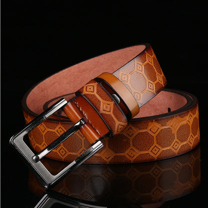 Men's Leather Belt with Rectangular Alloy Buckle & Personalized Embossing