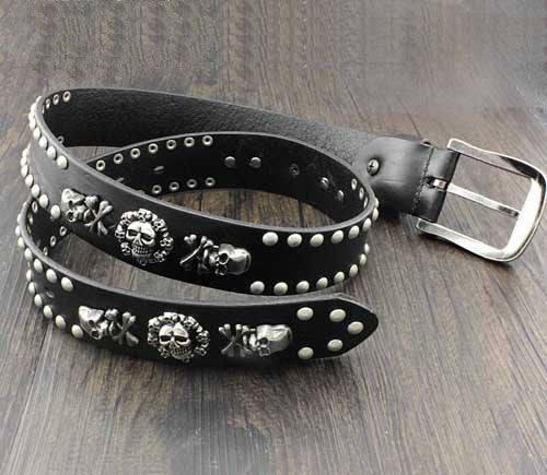 Men's Skull Rivet Cowhide Belt | Double Buckle Design | Stainless Steel Pin Buckle | 105cm