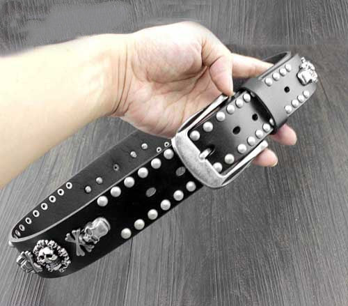 Men's Skull Rivet Cowhide Belt | Double Buckle Design | Stainless Steel Pin Buckle | 105cm