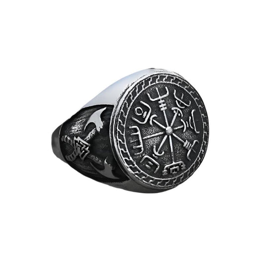 Compass Religious Series Ring | Viking Totem Double Axe Design | Ancient Silver | Sizes O - Z3