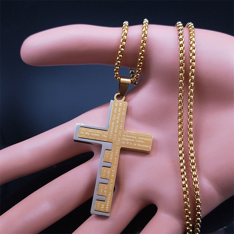 Unisex Stainless Steel Cross Shelf Necklace | Lords Prayer Pendant | Electroplated Titanium Steel