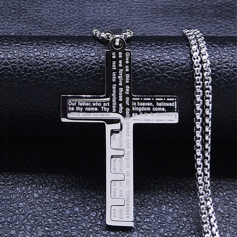 Unisex Stainless Steel Cross Shelf Necklace | Lords Prayer Pendant | Electroplated Titanium Steel