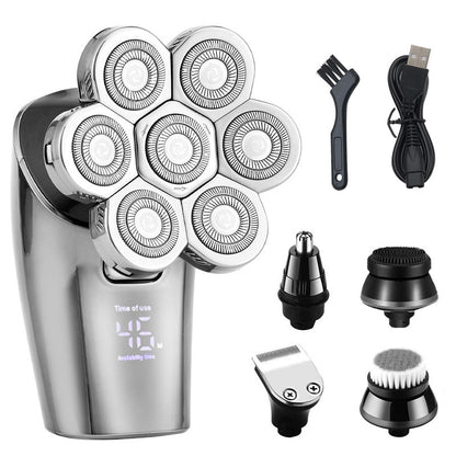 Advanced Silver 7D Electric Shaver - 4 Cutter Heads, Brushless Motor, LED Display, Dual-Purpose Power Supply