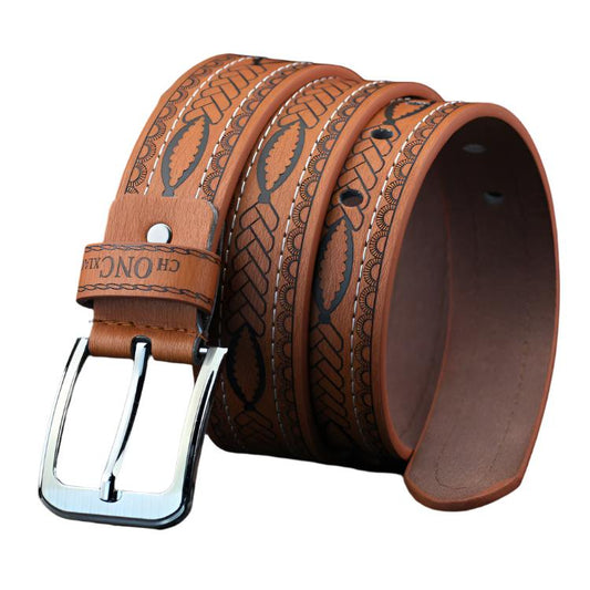 Pattern Men's Faux Leather Belt with Square Buckle | Elegant Weaving Design