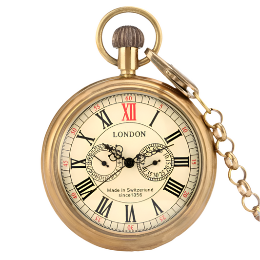 Luxury Brass Roman Characters Pocket Watch – Large 45mm Antique Style Manual Five-Pin Timepiece with Spiral Crown and Denim Chain