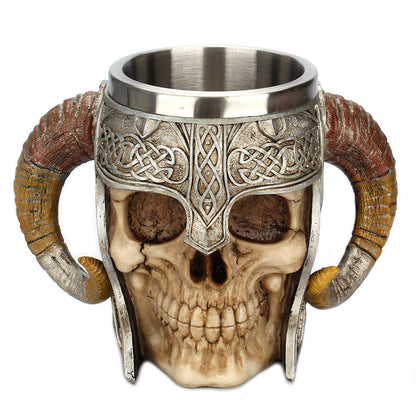 Stainless Steel Horns Helmet Skull Coffee Mug - 600ml Unique Viking Design