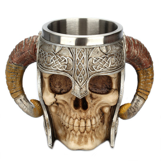 Stainless Steel Horns Helmet Skull Coffee Mug - 600ml Unique Viking Design