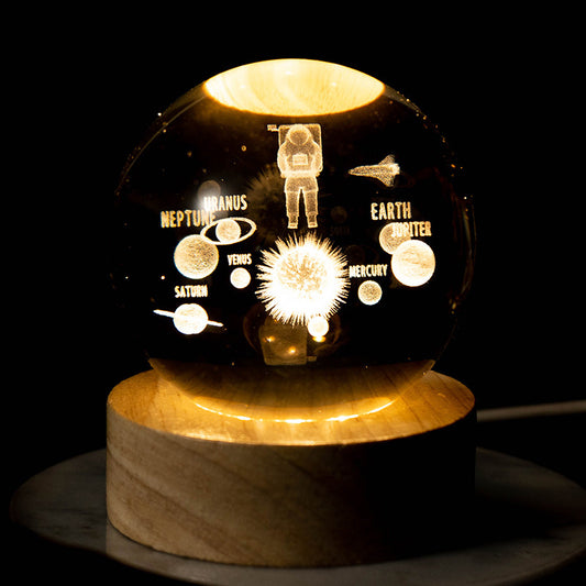 Creative USB Luminous 3D Crystal Ball Ornament with Beech Wood Base & Warm Light