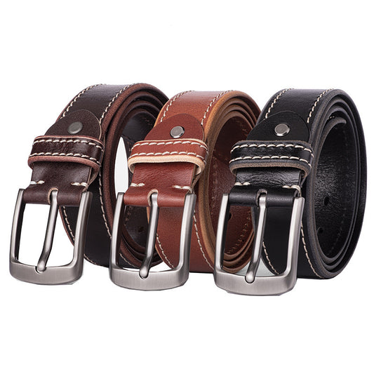 Men's Genuine Leather Pin Buckle Belt | Square Alloy Buckle | Car Stitch Design