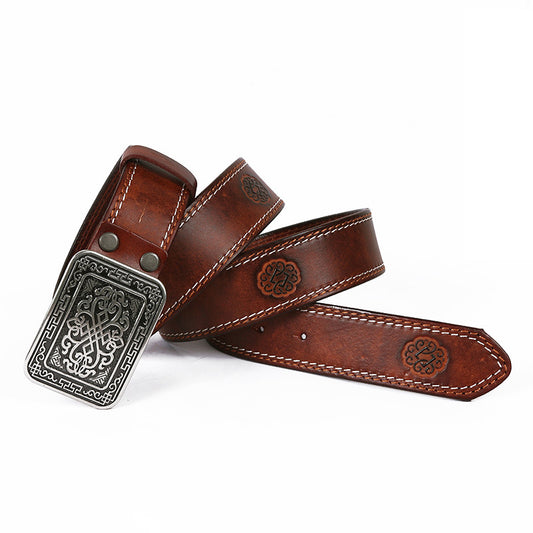 Auspicious Pattern Embossed Leather Belt | Unisex Genuine Leather | Smooth Alloy Buckle | Multiple Colours