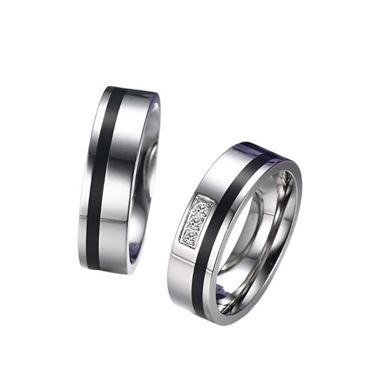 Titanium Steel Couple Rings – Geometric Design with Inlaid Zircon Stones | Durable & Elegant