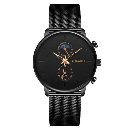 Two Eyes Moon Men's Watch - Quartz Movement, Metal Case & Strap, Pin Buckle, 42mm Dial Diameter