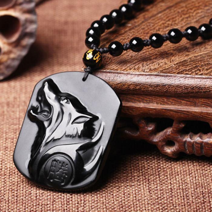 Obsidian Carved Wolf Head Amulet Pendant Necklace | Geometric Euramerican Style |