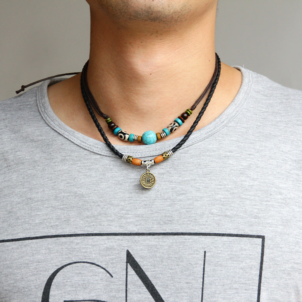 Turquoise Antique Coin Pendant Necklace for Men | Braided Cowhide & Wax Rope