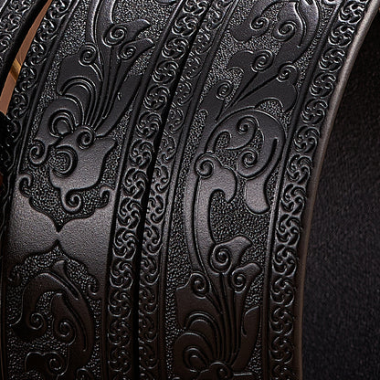 Men's Two-Layer Leather Belt | Dragon Automatic Buckle | Tang Grass Pattern Design | Gold & Silver Options