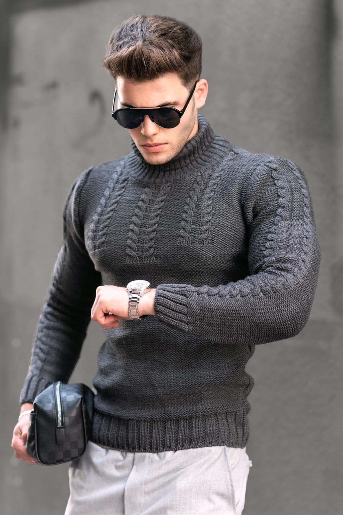 Men's Turtleneck Twisted Long-Sleeve Thermal Sweater