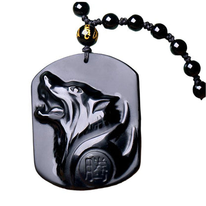 Obsidian Carved Wolf Head Amulet Pendant Necklace | Geometric Euramerican Style |