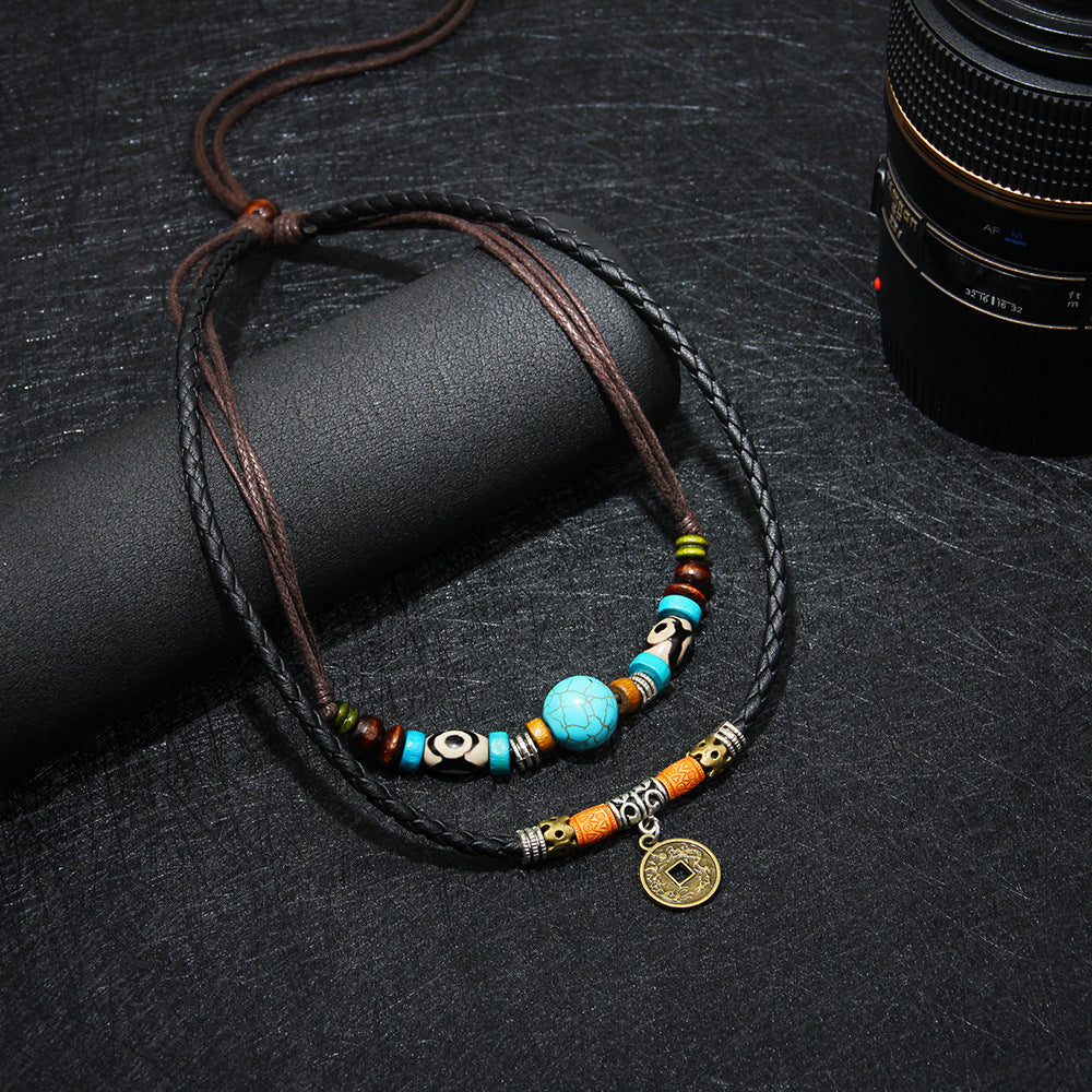 Turquoise Antique Coin Pendant Necklace for Men | Braided Cowhide & Wax Rope