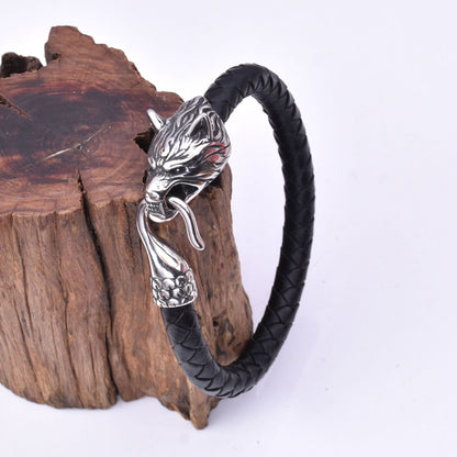 Viking Men's Stainless Steel Wolf Head Leather Bracelet | Totem-Inspired Jewelry