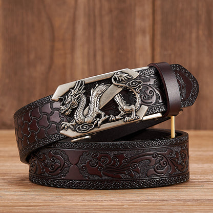 Men's Two-Layer Leather Belt | Dragon Automatic Buckle | Tang Grass Pattern Design | Gold & Silver Options