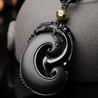 Natural Obsidian Frosted Pi Xiu Pendant Necklace – Unisex Ruyi Symbol of Prosperity & Good Fortune