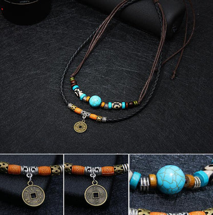 Turquoise Antique Coin Pendant Necklace for Men | Braided Cowhide & Wax Rope