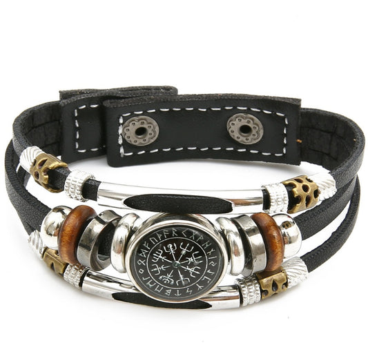 Viking Pirate Compass Leather Bracelet – Unisex, Triangle & Compass Pattern with Glass Inlay | Adventure-Ready Accessory