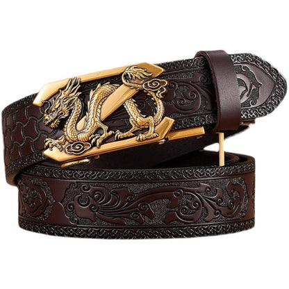 Men's Two-Layer Leather Belt | Dragon Automatic Buckle | Tang Grass Pattern Design | Gold & Silver Options