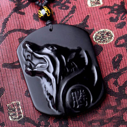 Obsidian Carved Wolf Head Amulet Pendant Necklace | Geometric Euramerican Style |