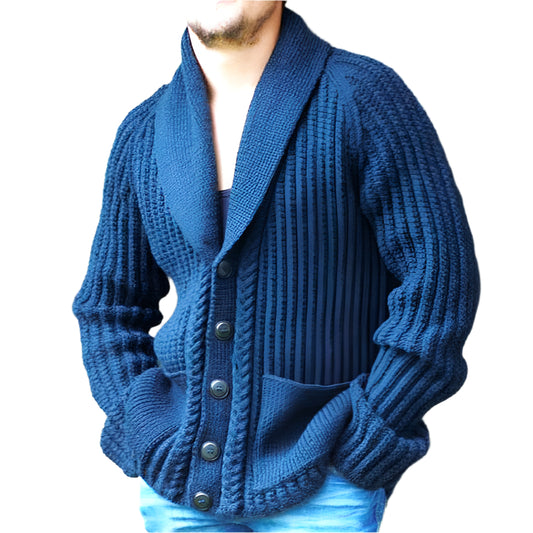 Men's Thick Needle Blue Cardigan Sweater – Loose-Fit for Extra Warmth