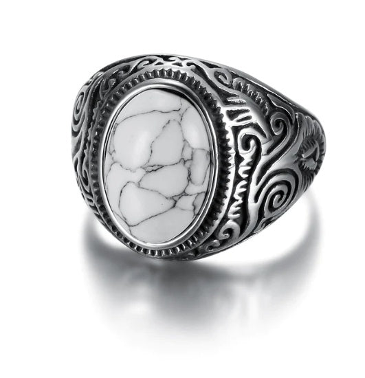 Beowulf Regalia Handcrafted Stainless Steel Celtic Scroll Ring With Inset Stone - Mensclub.co.uk