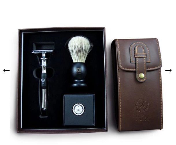 Manual Razor Double-Sided Full Metal | Waterless Shaving Kit with 5 Blades, Shaving Cream, Soap & Carrying Case