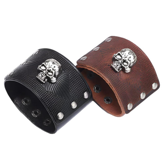 Men's Leather Skull Bracelet – Red, Yellow, Black, Brown | Durable & Stylish