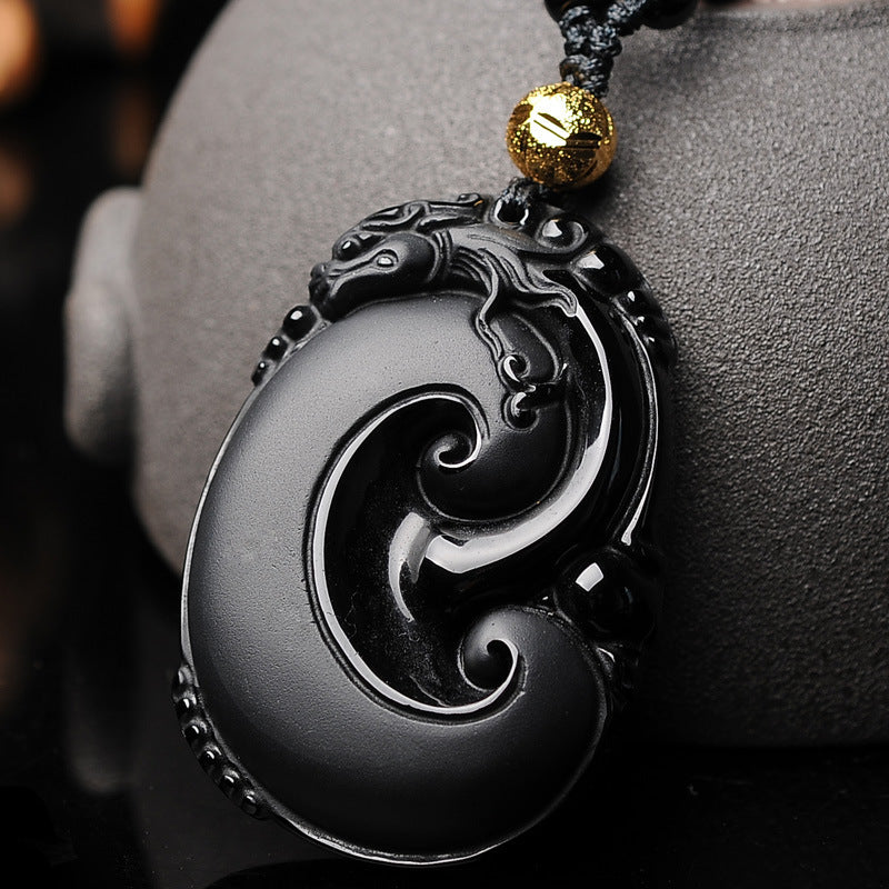 Natural Obsidian Frosted Pi Xiu Pendant Necklace – Unisex Ruyi Symbol of Prosperity & Good Fortune