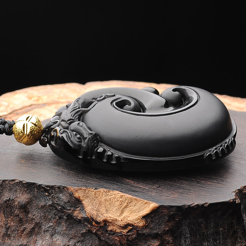 Natural Obsidian Frosted Pi Xiu Pendant Necklace – Unisex Ruyi Symbol of Prosperity & Good Fortune