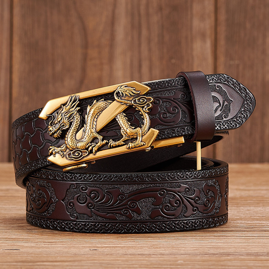 Men's Two-Layer Leather Belt | Dragon Automatic Buckle | Tang Grass Pattern Design | Gold & Silver Options