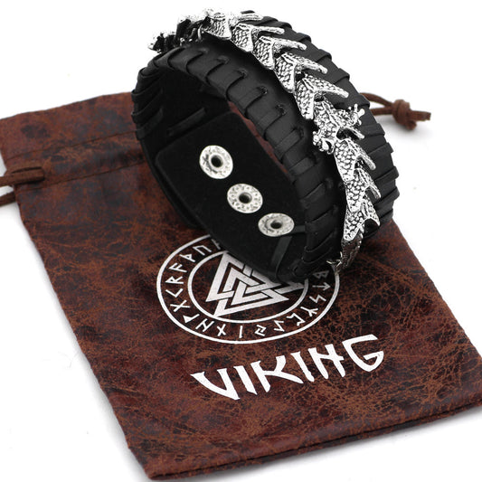 Viking Pirate Kelte Dragon Bracelet – Alloy & Genuine Leather, Geometric Design | Unisex, 23cm