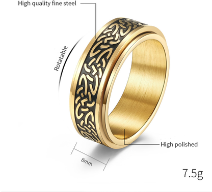 Stylish Stainless Steel Turning Ring with Celtic Knot Design – European & American Inspired, Available in Steel, Gold, and Black