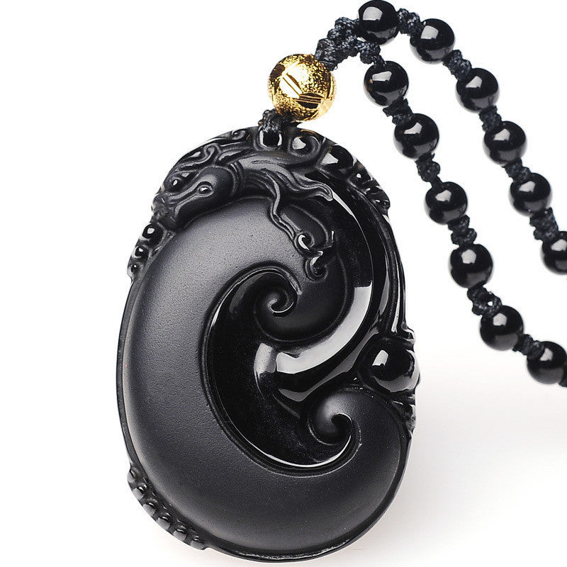 Natural Obsidian Frosted Pi Xiu Pendant Necklace – Unisex Ruyi Symbol of Prosperity & Good Fortune