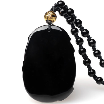 Natural Obsidian Frosted Pi Xiu Pendant Necklace – Unisex Ruyi Symbol of Prosperity & Good Fortune