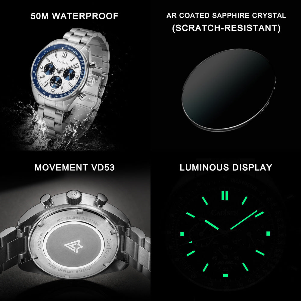 Three-Eye Timing Multi-Function Waterproof Men's Quartz Watch – 50m Water Resistance, Sapphire Crystal Glass