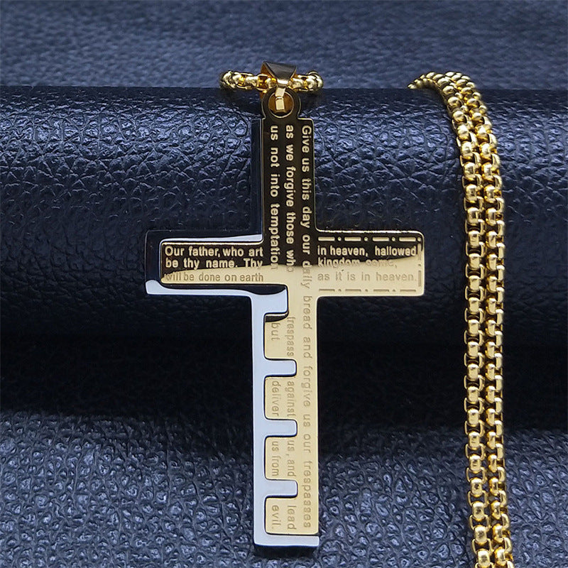 Unisex Stainless Steel Cross Shelf Necklace | Lords Prayer Pendant | Electroplated Titanium Steel