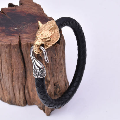 Viking Men's Stainless Steel Wolf Head Leather Bracelet | Totem-Inspired Jewelry