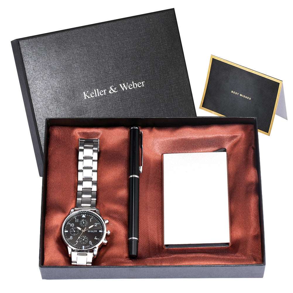 Men's Quartz Watch Credit Card Case Gel Pen Set Fashion Gift Set Box - Mensclub.co.uk