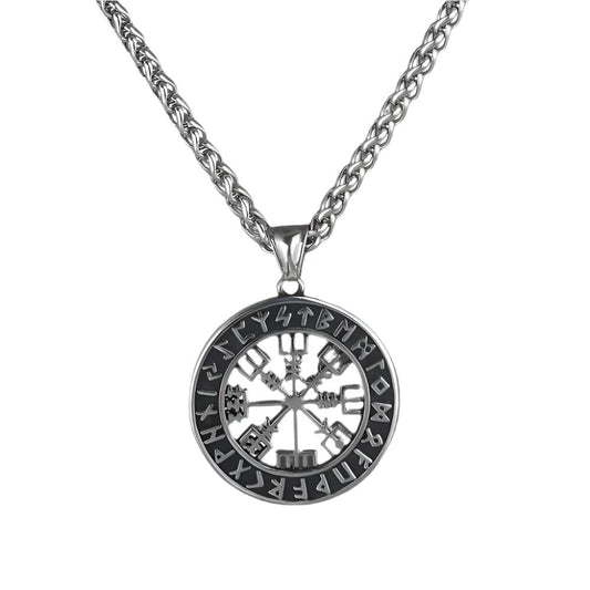 Nordic Mythology Viking Compass Necklace – Stainless Steel, 4mm Thick Fried Dough Twists Chain | 60CM